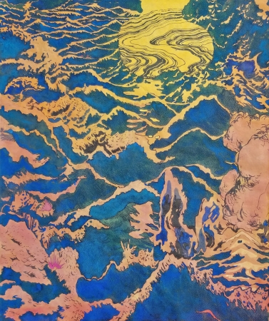 Aaron Morse, Deluge (Blue-Yellow), 2018, Acrylic, watercolor and ink on Japanese paper, 23 x 19 inches, Unique.