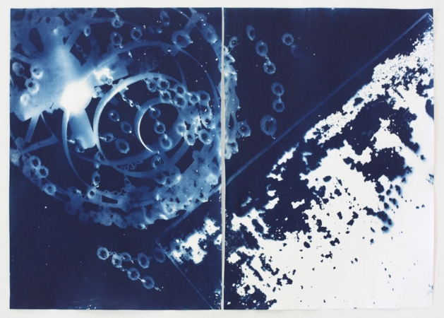 Vanessa Albury<br /> <i>Light Shadowgraphs, Chandelier XXIV,&nbsp;</i>2014<br /> Cyanotype on paper<br /> 19 x 26" (diptych)<br /> Unique