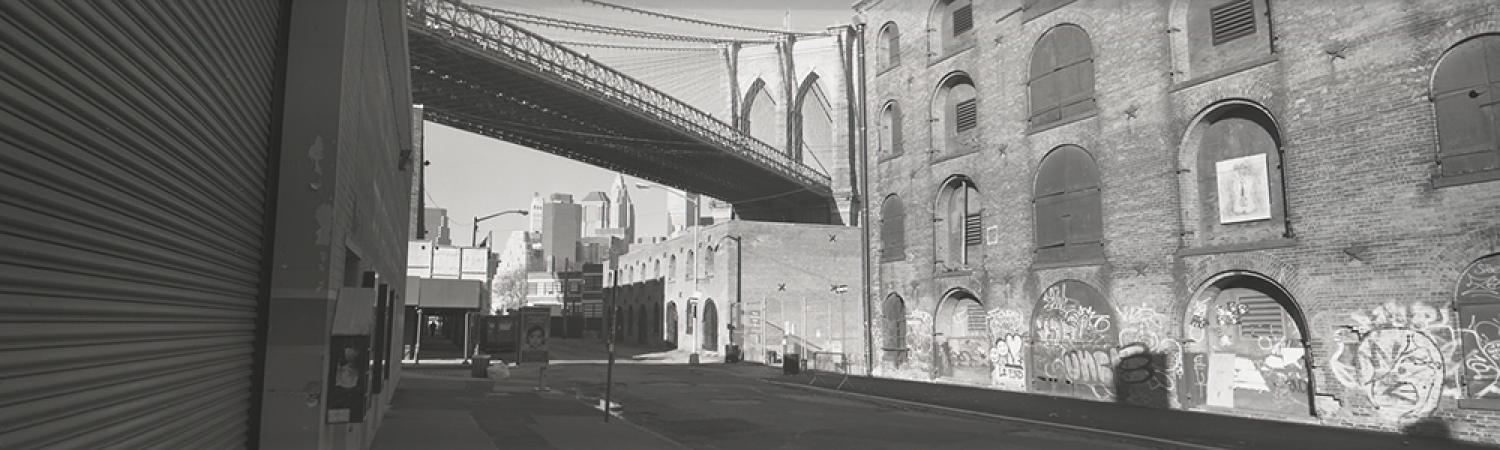 Jed Devine<br /> <em>Brooklyn Bridge Above Riverfront Buildings,&nbsp;</em><br /> <em>from Water Street, Brooklyn, 2007</em><br /> 2 x 6.5", Platinum-palladium print on Japanese rice paper