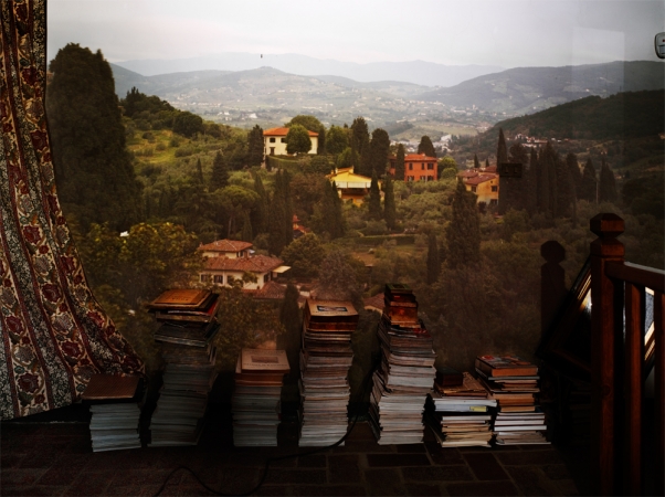 Abelardo Morell<br /> <em>Camera Obscura: View of Landscape Outside Florence in Room with Books, 2010</em><br /> Pigment ink print<br /> Signed, titled and dated on verso<br /> 24x30" Edition of 10<br /> 30x40" Edition of 8<br /> 50x60" Edition of 6