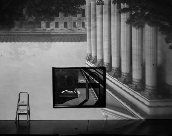 Abelardo Morell<br /> <em>Camera Obscura image of the Philadelphia Museum of Art in gallery with a DeChirico painting, 2005</em><br /> Archival ink print mounted to aluminum<br /> signed, titled and dated on verso<br /> 20" x 24" Edition of 30<br /> 30” x 40” Edition of 15<br /> 50” x 60” Edition of 5