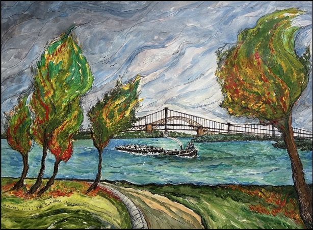 Dennis Powers, "East River, New York City" Pencil, Acrylic, Pen and Ink, 2024