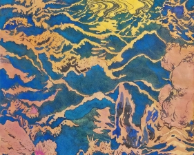 Aaron Morse, Deluge (Blue-Yellow), 2018, Acrylic, watercolor and ink on Japanese paper, 23 x 19 inches, Unique.