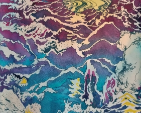 Aaron Morse Deluge (Violet), 2018, Acrylic, watercolor and ink on paper, 23-1/2 x 19-1/4 inches, Unique.