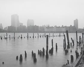 Jed Devine<br /> <em>Rotted Pilings Between the Manhattan and Brooklyn Bridges,</em><br /> <em>from Plymouth Street, Brooklyn, 1982-3</em><br /> 2 x 6.5", Platinum-Palladium on Japanese rice paper