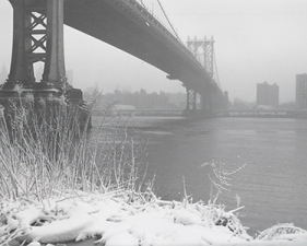 Jed Devine<br /> <em>Sunday Snow with Manhattan Bridge,</em><br /> <em>from John Street, Brooklyn, 1991</em><br /> 2 x 6.5", Platinum-palladium print on Japanese rice paper