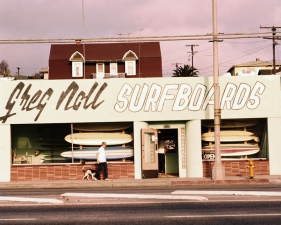 LeRoy Grannis<br /> <em>Greg Noll Surf Shop, Hermosa Beach,</em> 1963<br /> Chromogenic print<br /> 36 x 36"<br /> Edition of 18