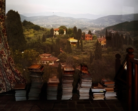 Abelardo Morell<br /> <em>Camera Obscura: View of Landscape Outside Florence in Room with Books, 2010</em><br /> Pigment ink print<br /> Signed, titled and dated on verso<br /> 24x30" Edition of 10<br /> 30x40" Edition of 8<br /> 50x60" Edition of 6