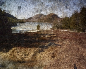 Abelardo Morell<br /> <em>Tent Camera Image on Ground- View of Jordan Pond and the Bubble Mountains, Acadia National Park, Maine, 2010</em><br /> pigment ink print mounted to dibond<br /> Signed, Dated, Numbered and Titled on Verso<br /> 24 x 30" Edition of 10<br /> 30 x 40" Edition of 8<br /> 50 x 60" Edition of 6