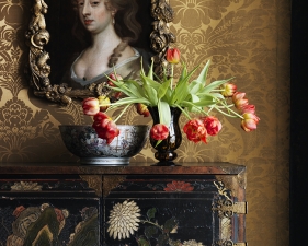 Simon Brown<br /> <em>Red Tulips on Cabinet with Painting on Gold Damask Wall</em><br /> Lambda photographic prints<br /> 20 x 15" &nbsp; &nbsp;Edition of 10<br /> 36 x 27" &nbsp; &nbsp;Edition of 6<br /> 36 x 48" &nbsp; &nbsp;Edition of 6<br /> 48 x 64" &nbsp; &nbsp;Edition of 3